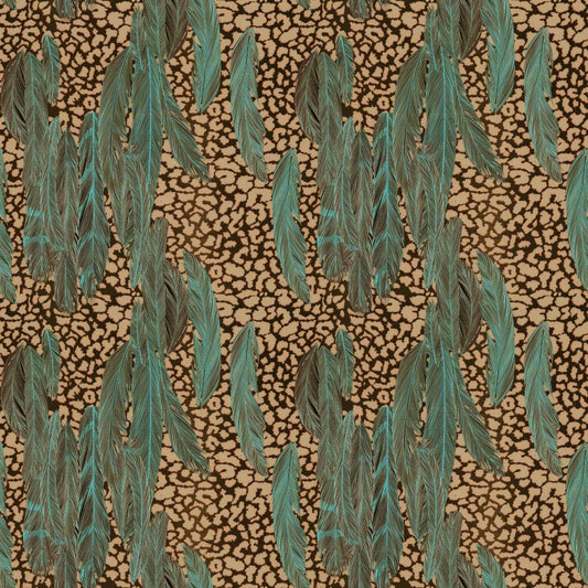 Feather Design Fabric - Leopard Coffee & Aqua Feather