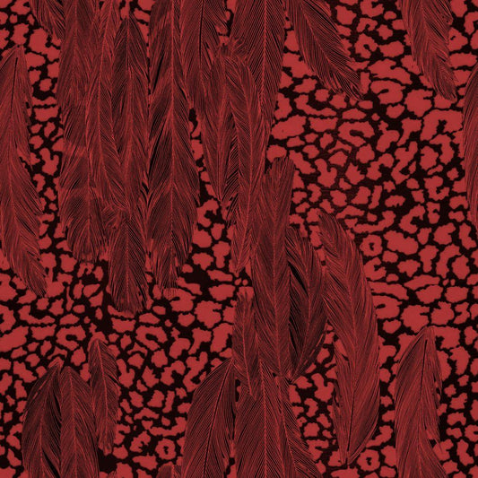 Feather Design Fabric - Leopard Red & Black Feather