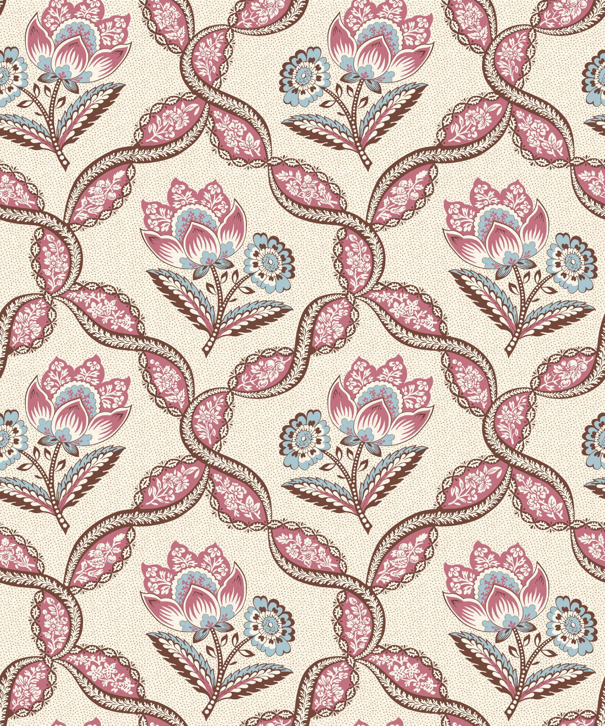 Toile Design Fabric - Lozenge Floral Cream Pink