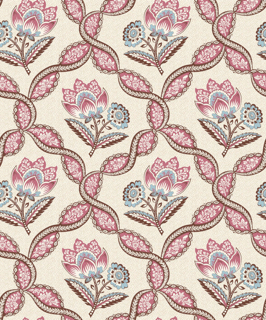 Toile Design Fabric - Lozenge Floral Cream Pink